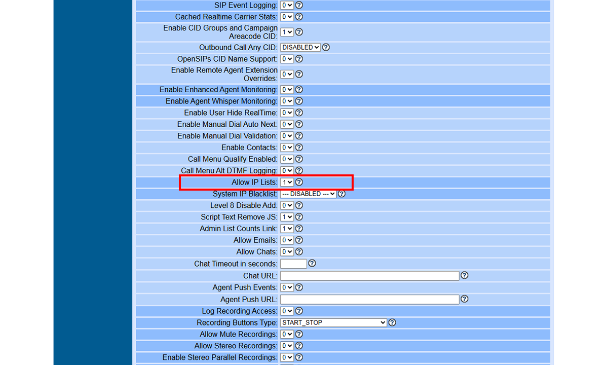 System Settings — Allow IP Lists field set to 1